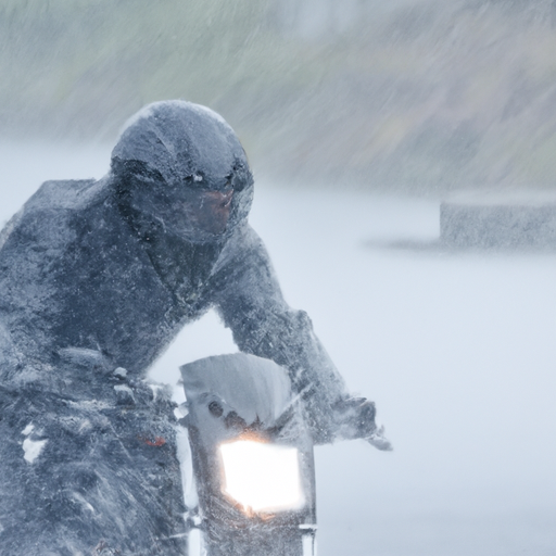 3. רוכב אופנוע רוכב בגשם כבד מדגים את אתגרי מזג האוויר