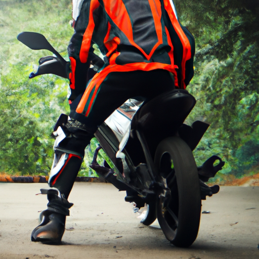 1. רוכב אופנוע עם הילוך מלא עם קסדה, ז'קט, כפפות ומגפיים