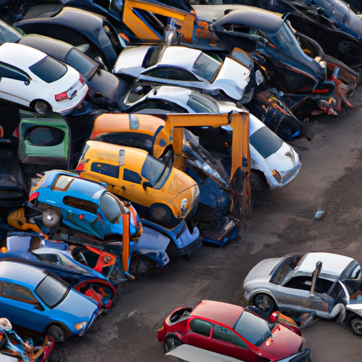 צילום סקירה של חצר פירוק רכבים עם מספר מכוניות בשלבי פירוק שונים