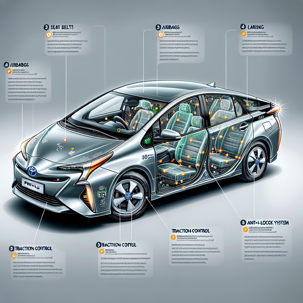 תמונה של הרכב טויוטה פריוס פלוס עם הדגשת מערכות הבטיחות השונות בפנים ובחוץ.